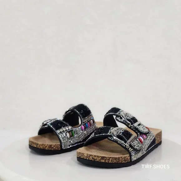Zany Double Buckle Strap Rhinestone Beaded Slip on Mule Sandals - Picture 8 of 11